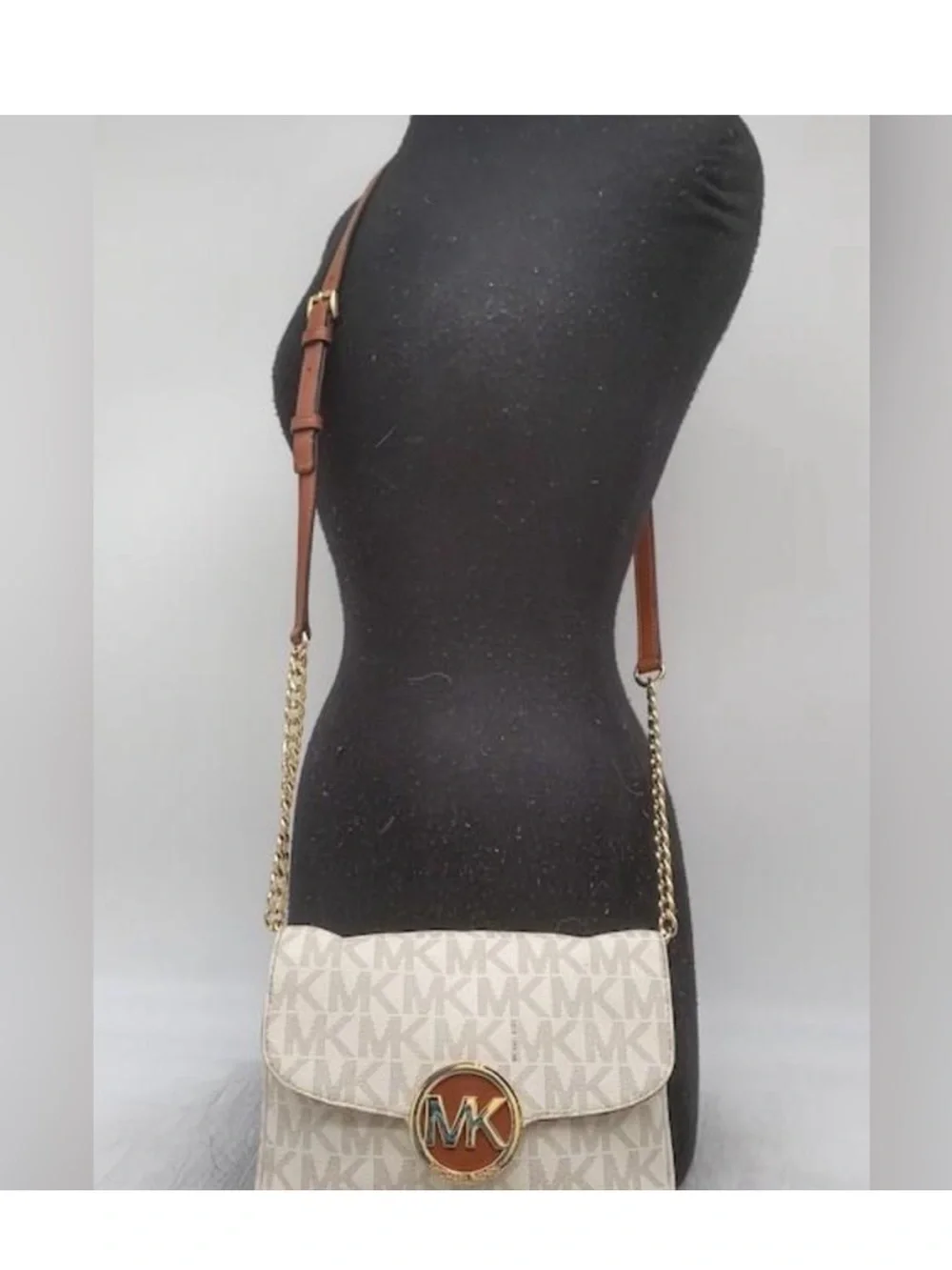 Michael Kors Beige Vanilla MK Logo Chain Crossbody/clutch